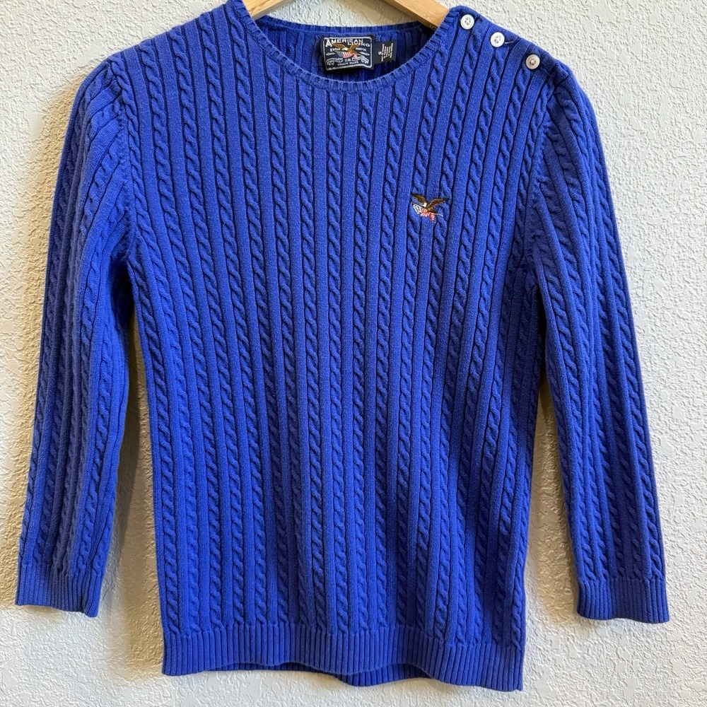 VTG American Living Cable Knit Sweater Embroidered Eagle Logo Shoulder Buttons